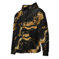 ZAVIOR GLOBAL Golden Oro zip hoodie angled front view with gold marble sleeves and full zipper