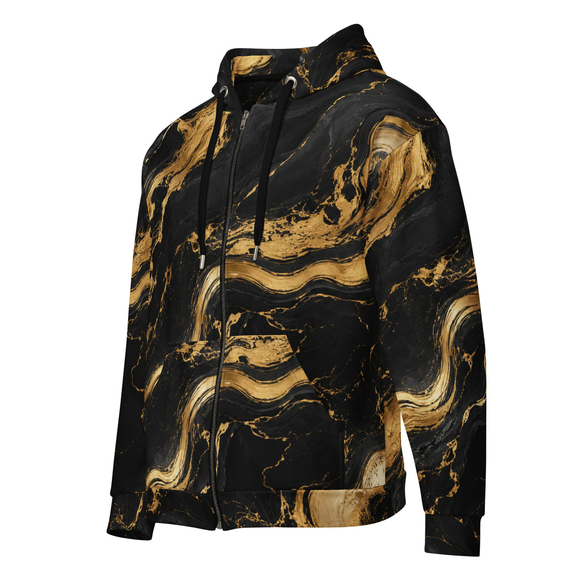 ZAVIOR GLOBAL Golden Oro zip hoodie angled front view with gold marble sleeves and full zipper