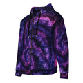 Cosmic Vortex unisex zip hoodie, angled front view – violet, purple and black nebula print