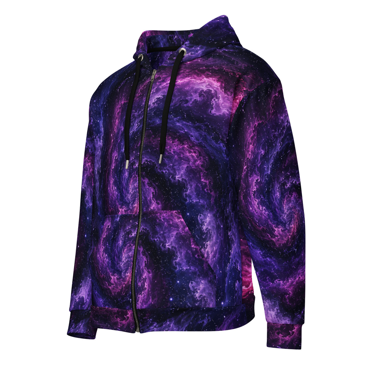 Cosmic Vortex unisex zip hoodie, angled front view – violet, purple and black nebula print