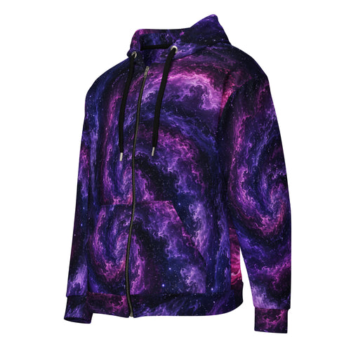 Cosmic Vortex unisex zip hoodie, angled front view – violet, purple and black nebula print