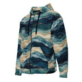 Oceanic Strata unisex zip hoodie, angled front view – navy, teal and sandy beige layered print