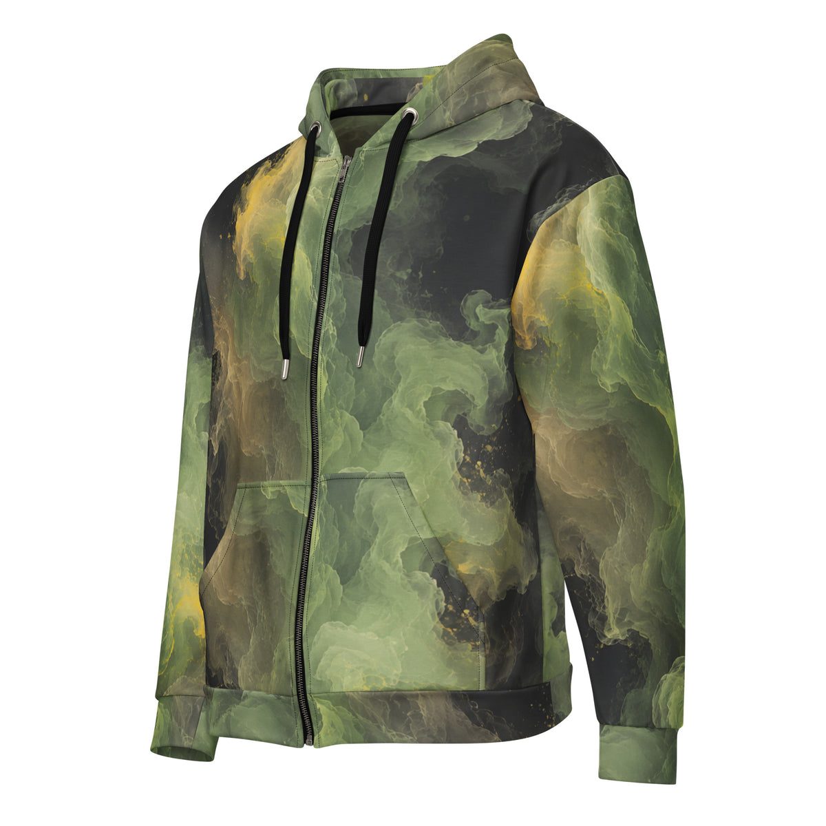 Verdant Shadow unisex zip hoodie, angled front view – olive green, charcoal and moss abstract camo print