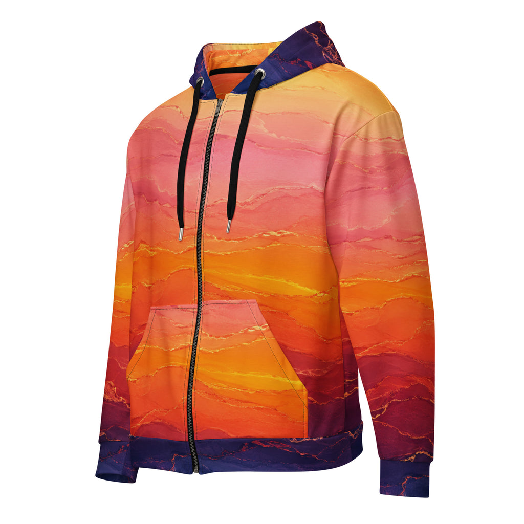 Solar Horizon unisex zip hoodie, angled front view – golden, orange and violet sunset gradient print
