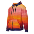 Solar Horizon unisex zip hoodie, angled front view – golden, orange and violet sunset gradient print