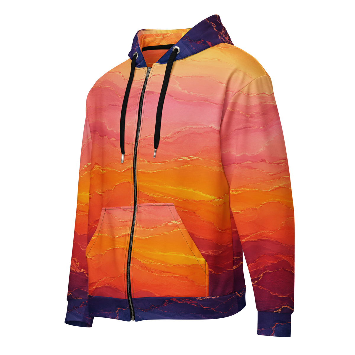 Solar Horizon unisex zip hoodie, angled front view – golden, orange and violet sunset gradient print