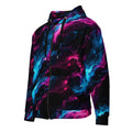 Neon Vortex unisex zip hoodie, angled front view – cyan, magenta and black nebula print