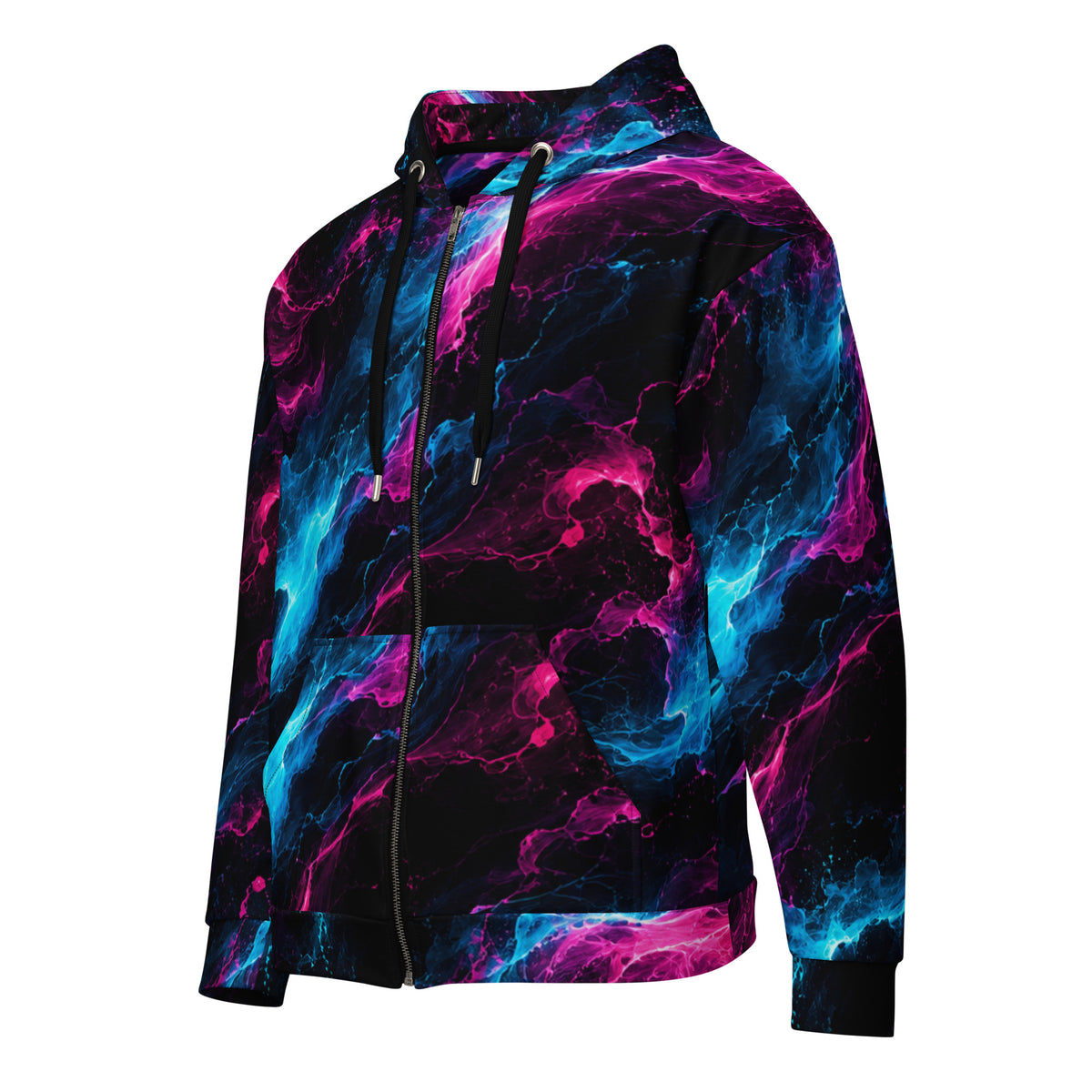 Neon Vortex unisex zip hoodie, angled front view – cyan, magenta and black nebula print