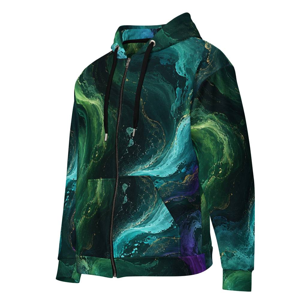 Emerald Tides unisex zip hoodie, angled front view – emerald, turquoise and midnight blue abstract print