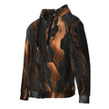 Side view of Molten Ember zip-up hoodie showing flowing copper artwork on a black background.