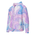 Pastel Mirage unisex zip hoodie, angled front view – lavender, blush pink and sky blue marble print