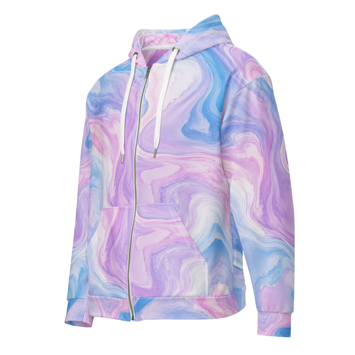 Pastel Mirage unisex zip hoodie, angled front view – lavender, blush pink and sky blue marble print