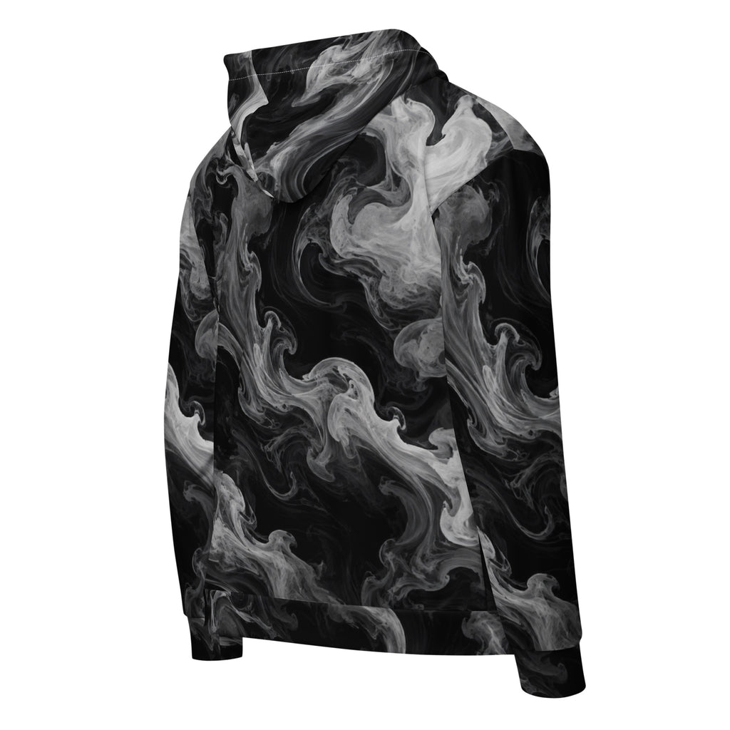 Phantom Smoke unisex zip hoodie, angled back view – black and grey smoke print