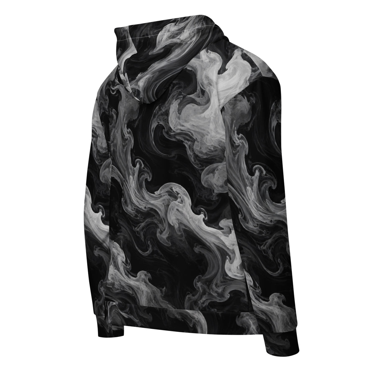 Phantom Smoke unisex zip hoodie, angled back view – black and grey smoke print