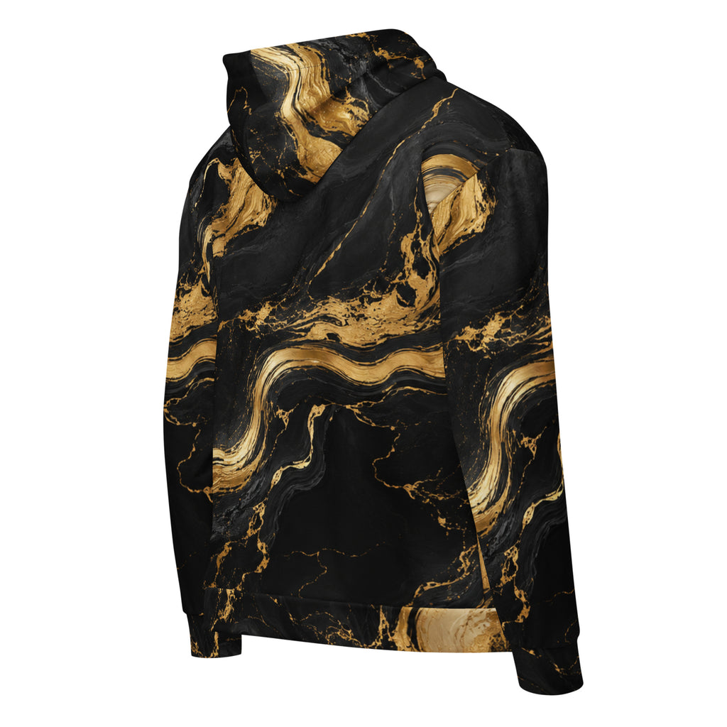 Golden Oro black and gold abstract marble hoodie angled back view showing hood and sleeve design