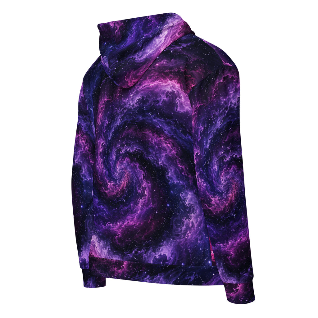 Cosmic Vortex unisex zip hoodie, angled back view – violet, purple and black nebula print