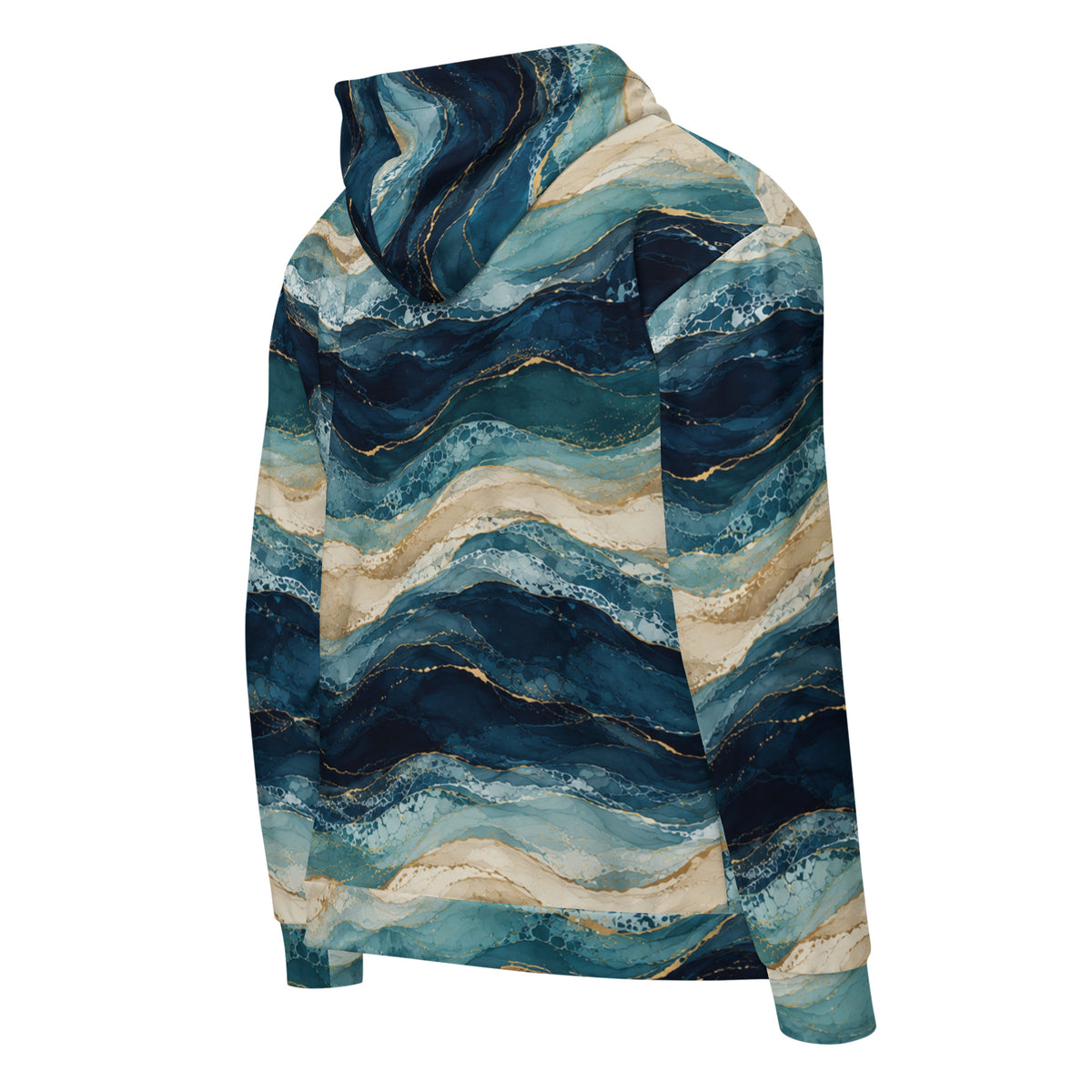 Oceanic Strata unisex zip hoodie, angled back view – navy, teal and sandy beige layered print