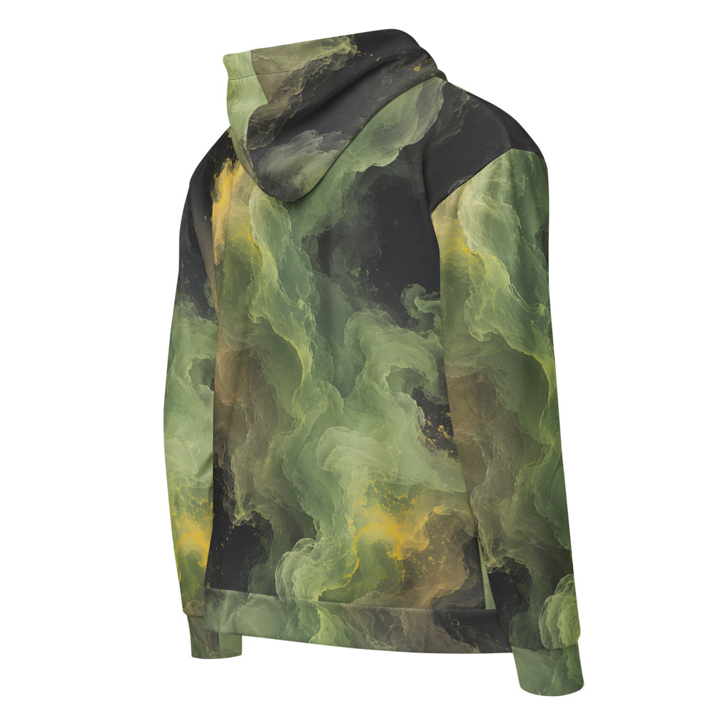 Verdant Shadow unisex zip hoodie, angled back view – olive green, charcoal and moss abstract camo print