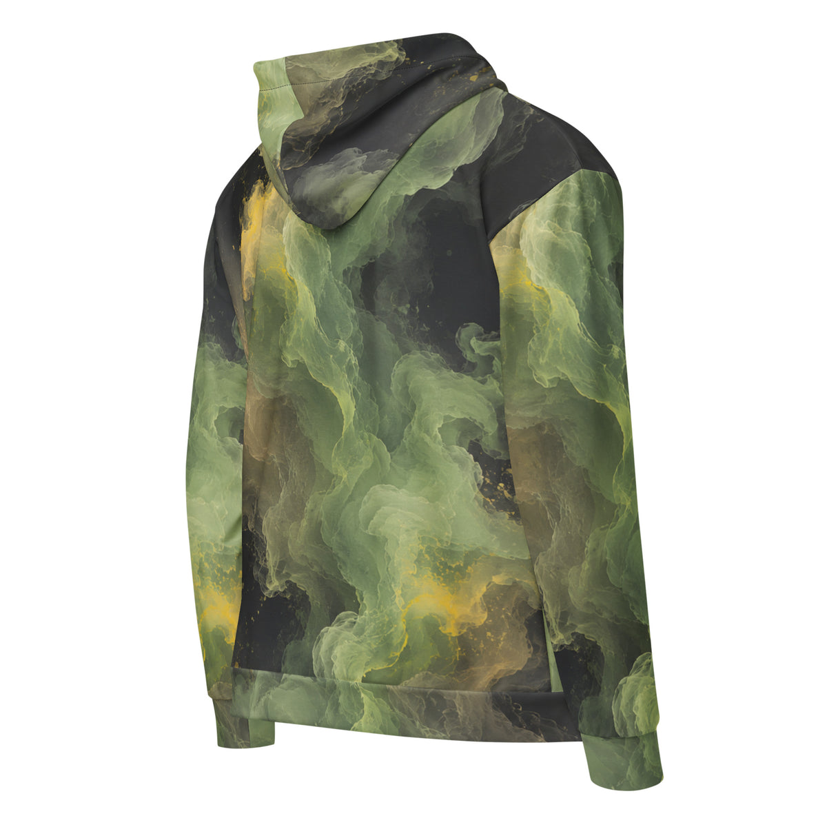Verdant Shadow unisex zip hoodie, angled back view – olive green, charcoal and moss abstract camo print