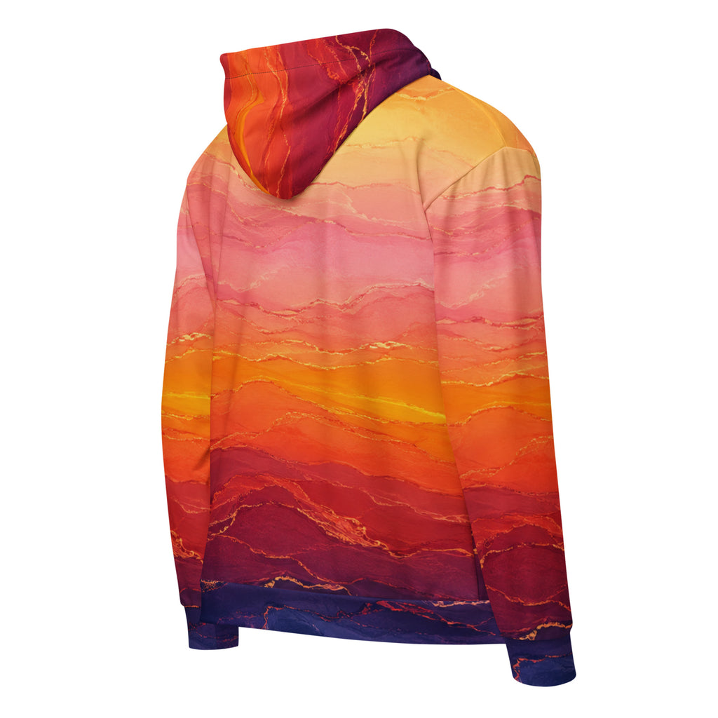 Solar Horizon unisex zip hoodie, angled back view – golden, orange and violet sunset gradient print