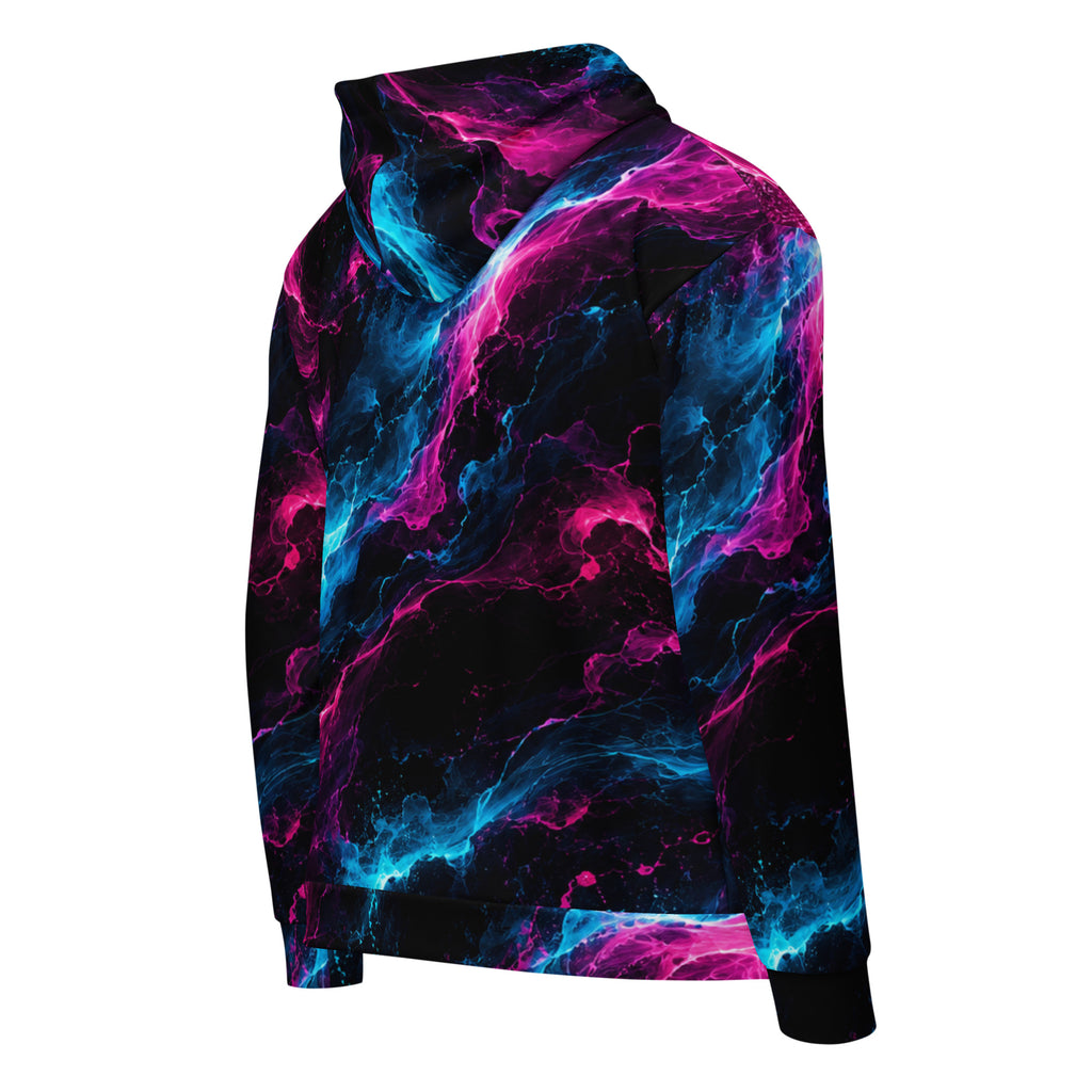 Neon Vortex unisex zip hoodie, angled back view – cyan, magenta and black nebula print