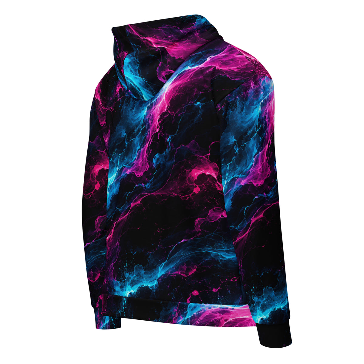 Neon Vortex unisex zip hoodie, angled back view – cyan, magenta and black nebula print