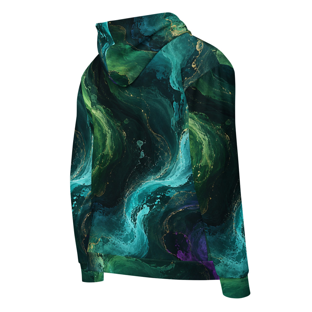 Emerald Tides unisex zip hoodie, angled back view – emerald, turquoise and midnight blue abstract print