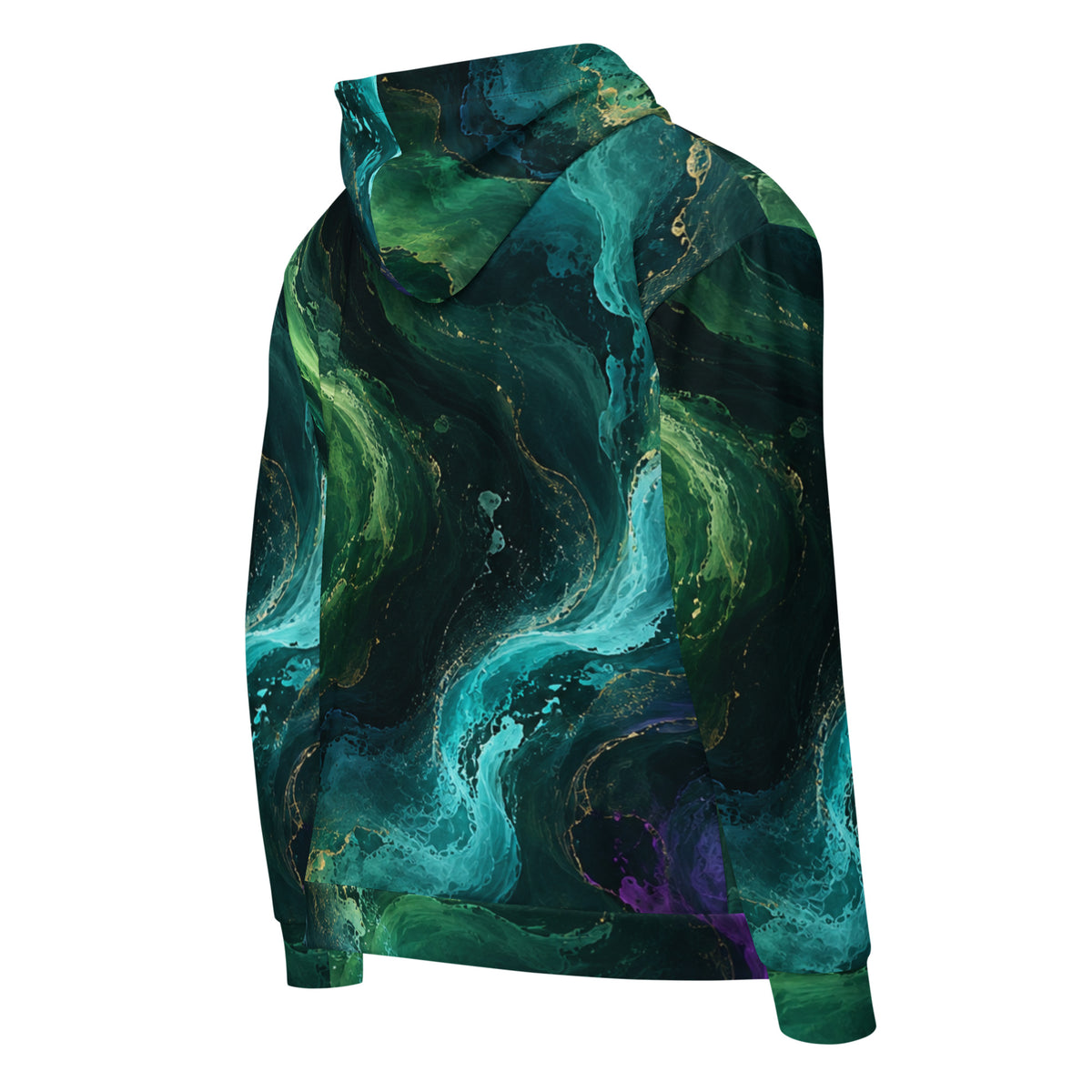 Emerald Tides unisex zip hoodie, angled back view – emerald, turquoise and midnight blue abstract print