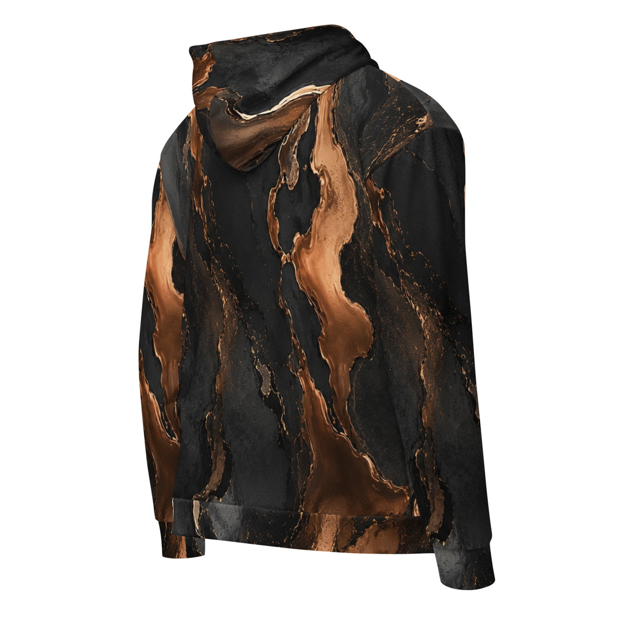 Back view of Molten Ember black and bronze abstract all-over print unisex zip hoodie by ZAVIOR GLOBAL.
