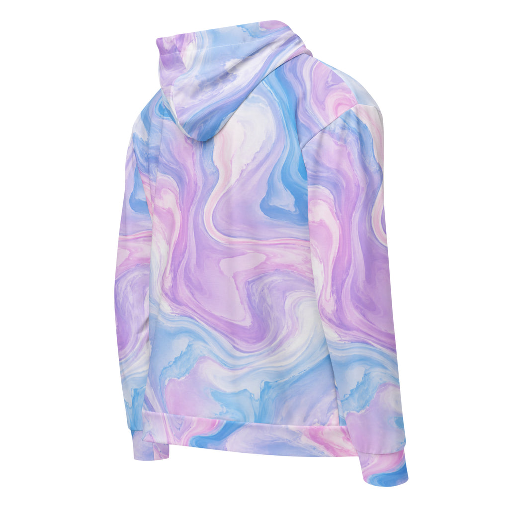Pastel Mirage unisex zip hoodie, angled back view – lavender, blush pink and sky blue marble print