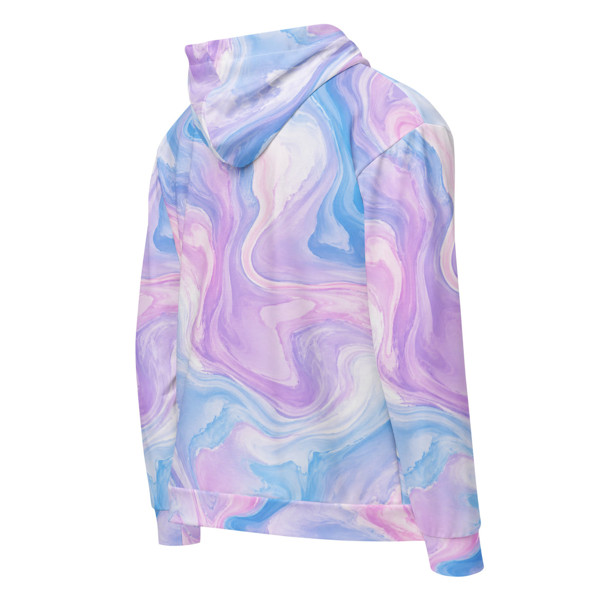 Pastel Mirage unisex zip hoodie, angled back view – lavender, blush pink and sky blue marble print