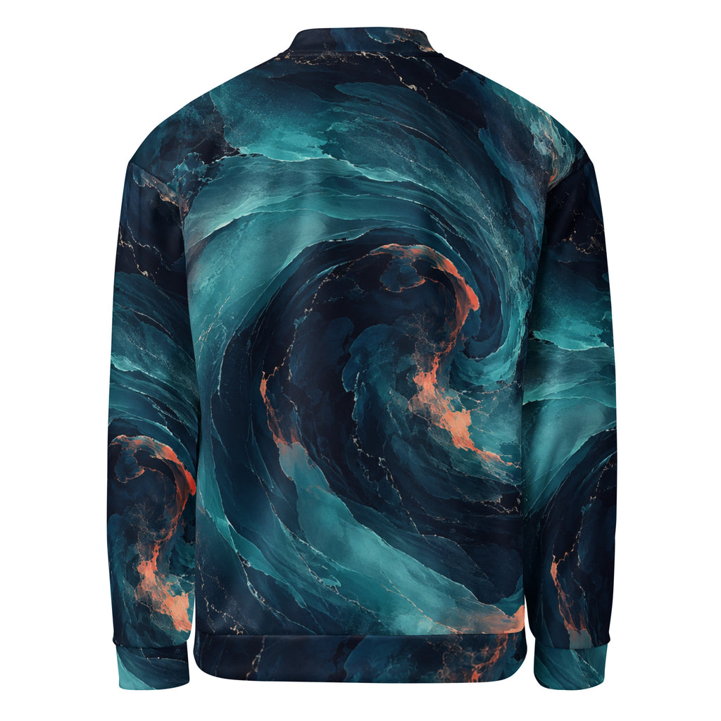 Neon Nebula bomber jacket back view showing swirling cosmic abstract artwork