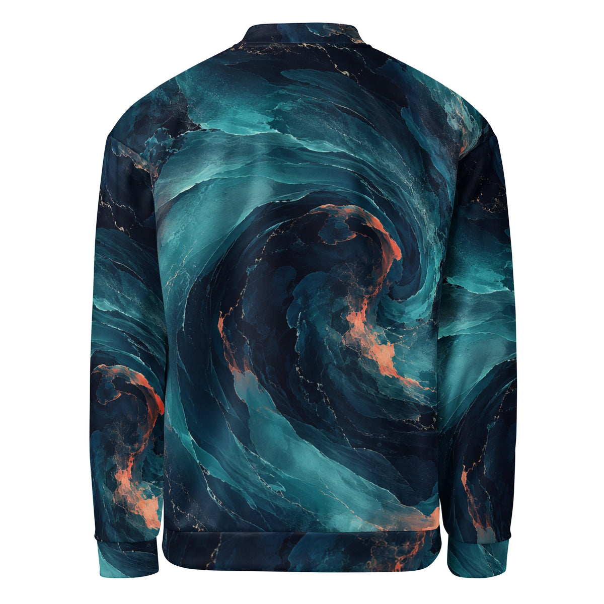 Neon Nebula bomber jacket back view showing swirling cosmic abstract artwork