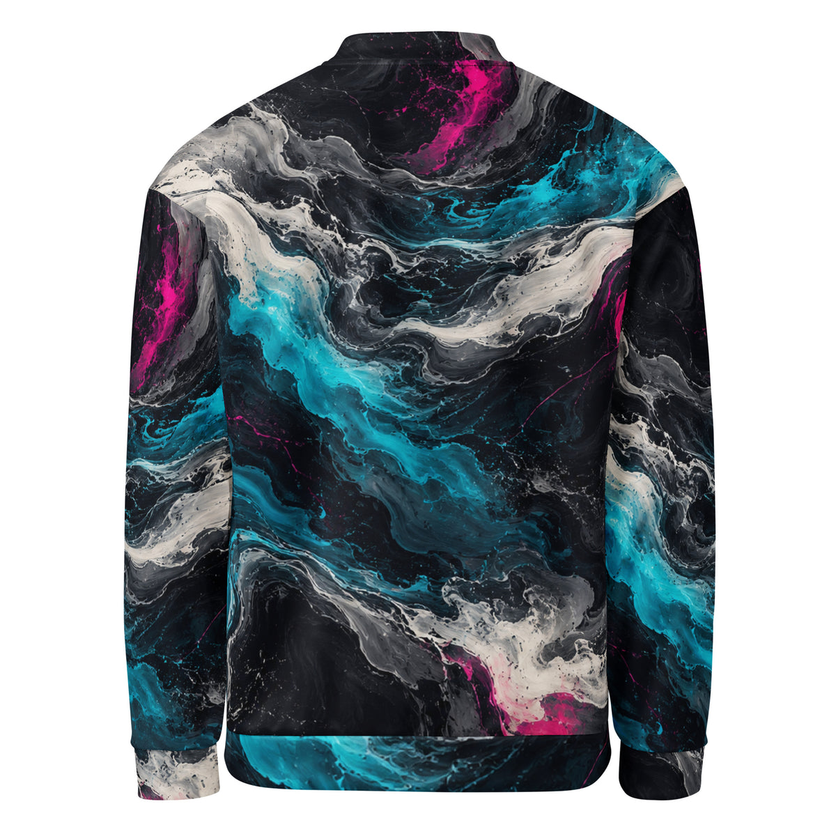 Geo Spectrum unisex bomber jacket, back view – turquoise, magenta and ivory marble print