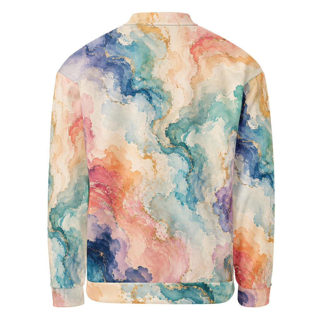 Ethereal Drift unisex bomber jacket, back view – ocean blue, blush pink and lavender watercolour print