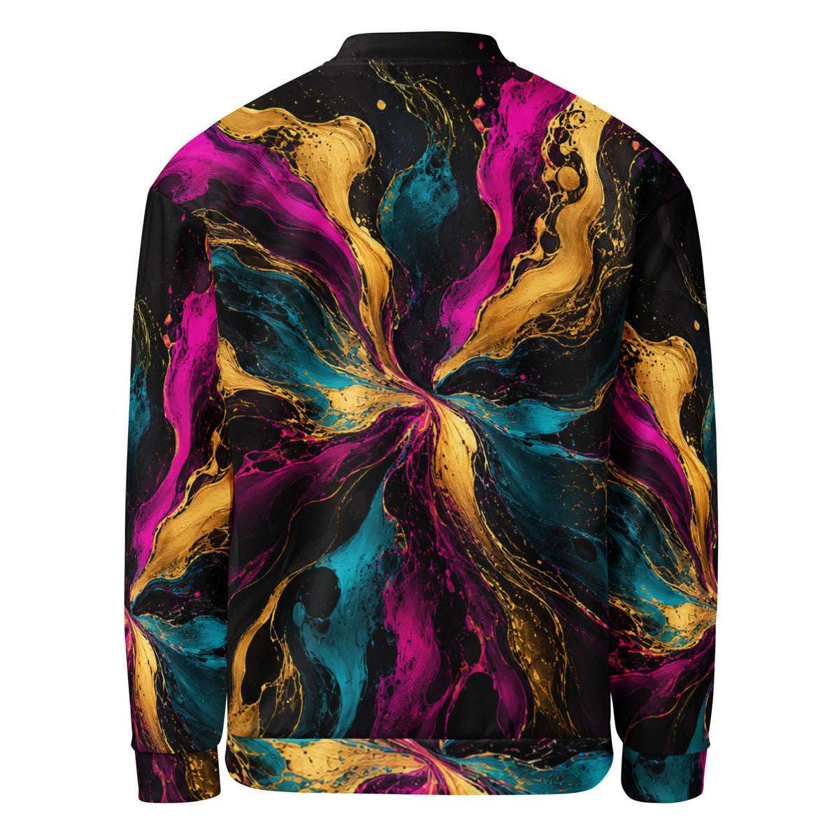 Chromatic Vortex unisex bomber jacket, back view – magenta, turquoise and golden-yellow swirl print