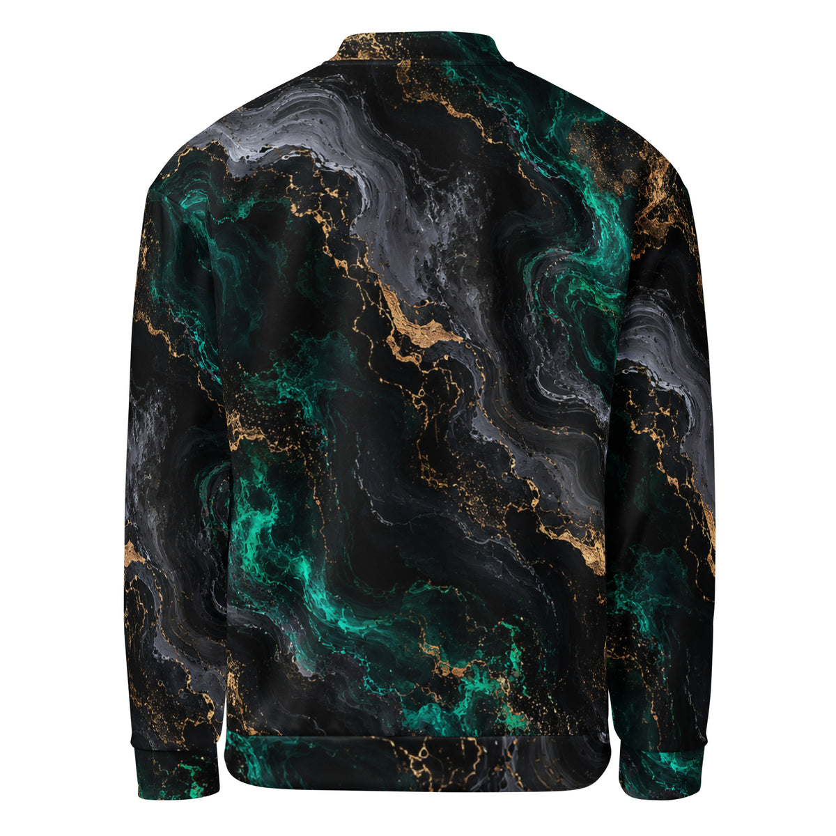 Emerald Obsidian unisex bomber jacket, back view – black, emerald and gold marble print