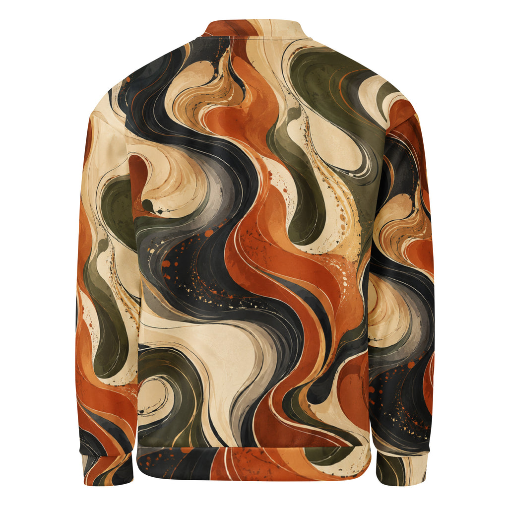 Terra Flux unisex bomber jacket, back view – burnt orange, olive and cream swirl print