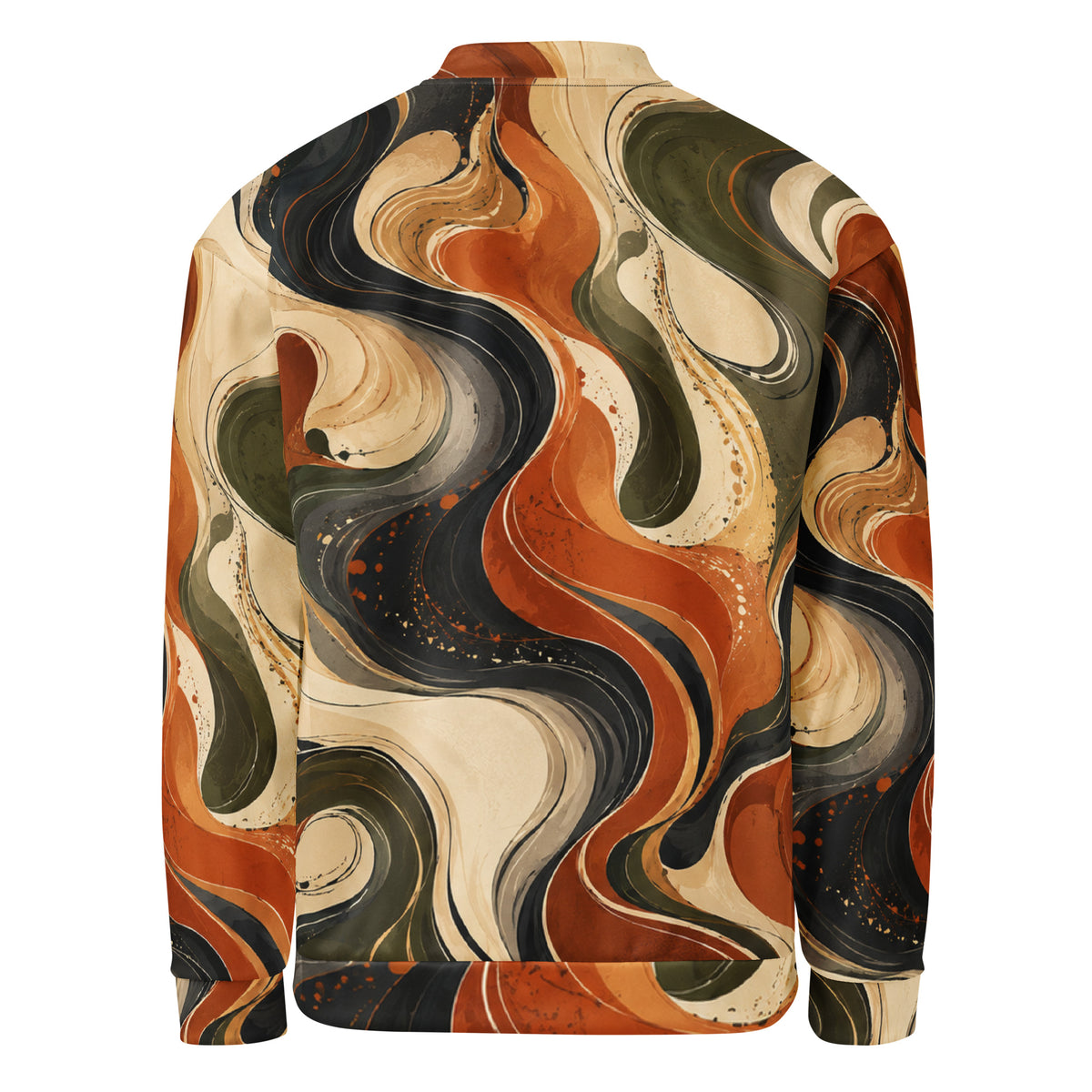 Terra Flux unisex bomber jacket, back view – burnt orange, olive and cream swirl print