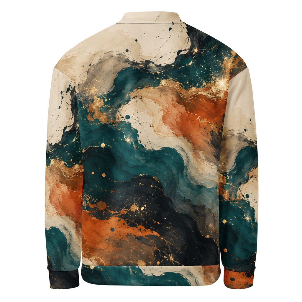 Ember Tide unisex bomber jacket, back view – teal, burnt orange and cream abstract print