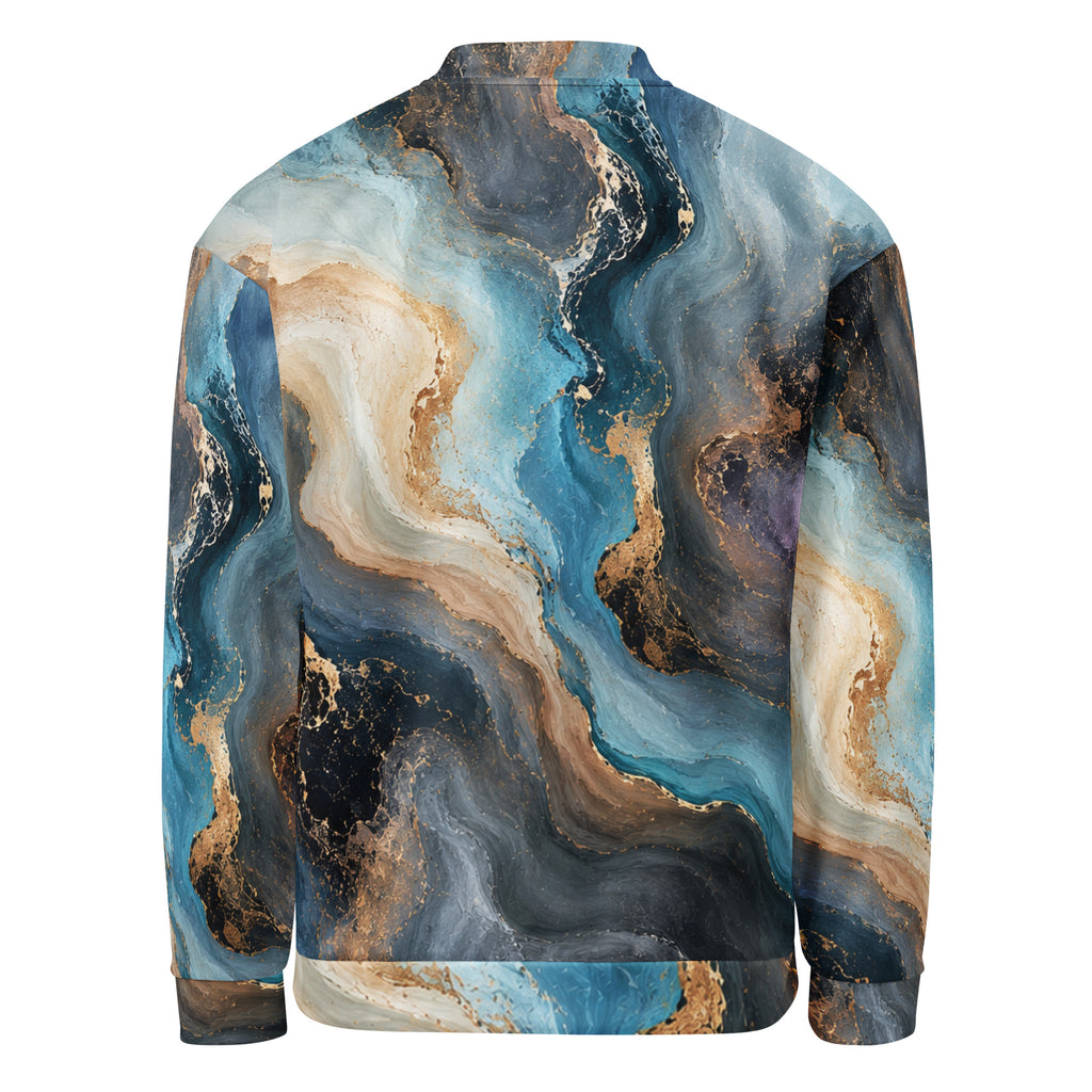 Oceanic Alchemy unisex bomber jacket, back view – navy, turquoise and ivory marble print