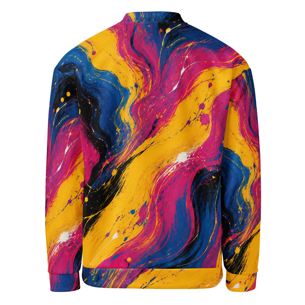 Chromatic Rush unisex bomber jacket, back view – yellow, electric blue and magenta marble print
