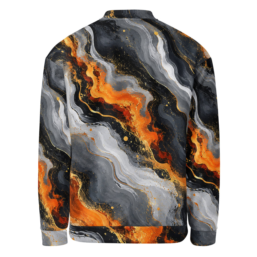Molten Obsidian unisex bomber jacket, back view – charcoal, silver and fiery orange abstract print