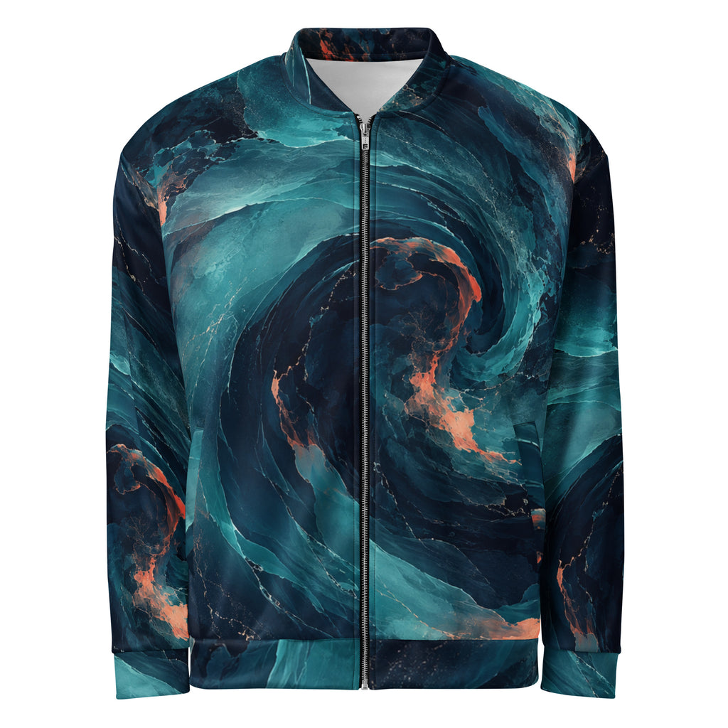 Neon Nebula abstract unisex bomber jacket front view in navy, teal and coral