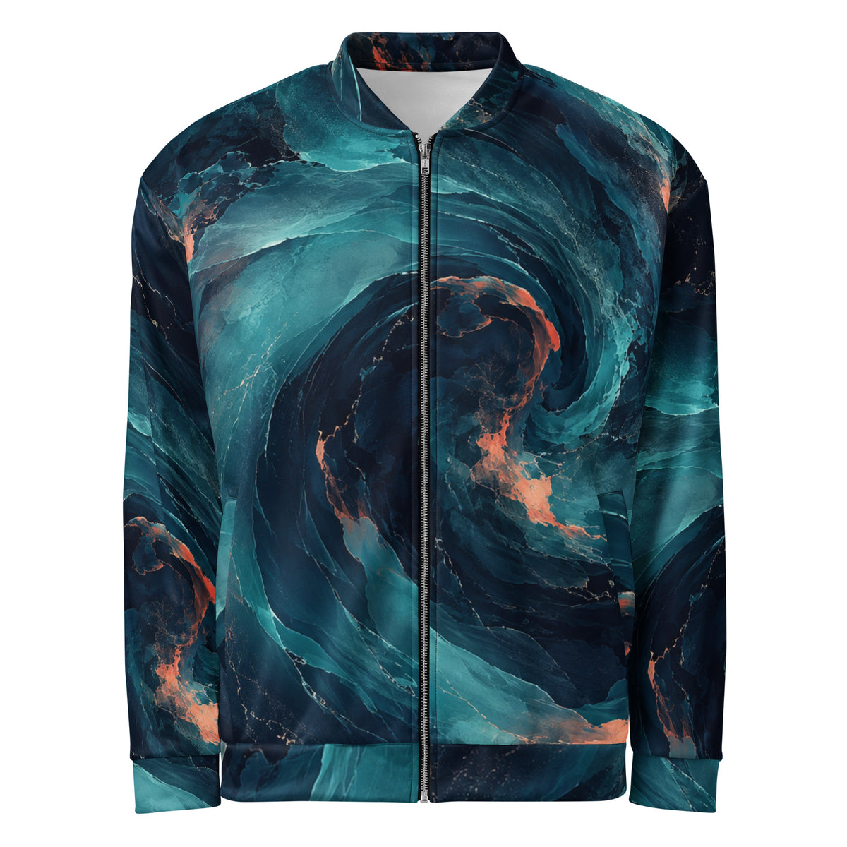 Neon Nebula abstract unisex bomber jacket front view in navy, teal and coral