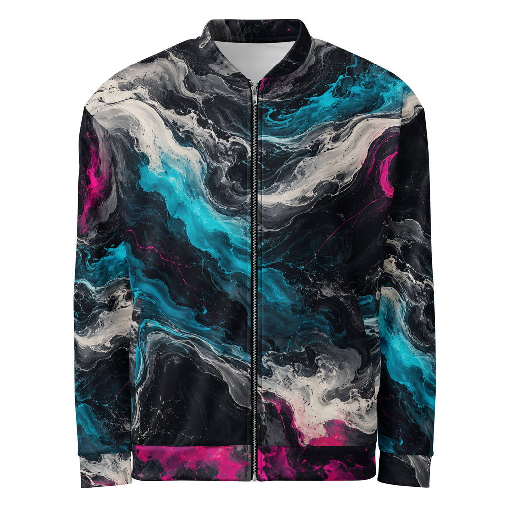 Geo Spectrum unisex bomber jacket, front view – turquoise, magenta and ivory marble print