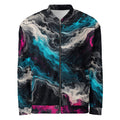Geo Spectrum unisex bomber jacket, front view – turquoise, magenta and ivory marble print