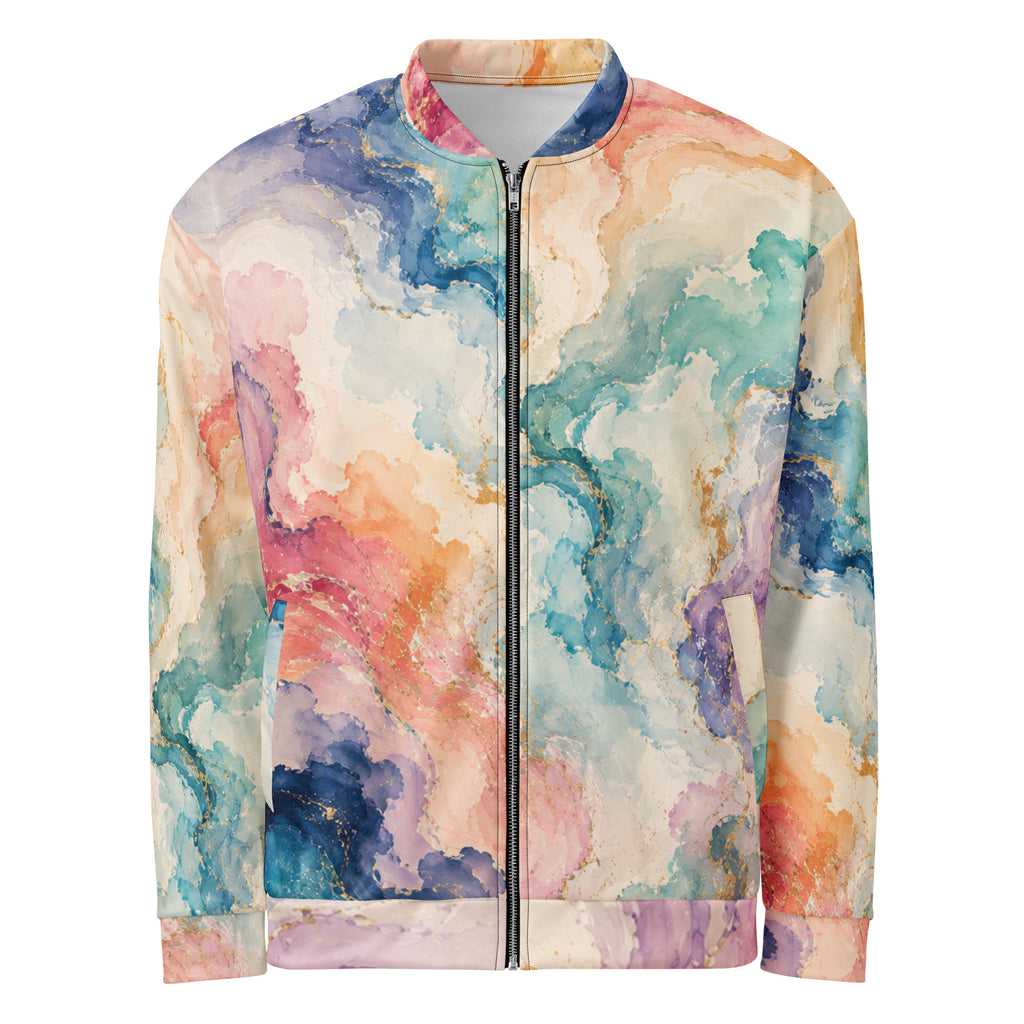 Ethereal Drift unisex bomber jacket, front view – ocean blue, blush pink and lavender watercolour print