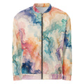 Ethereal Drift unisex bomber jacket, front view – ocean blue, blush pink and lavender watercolour print