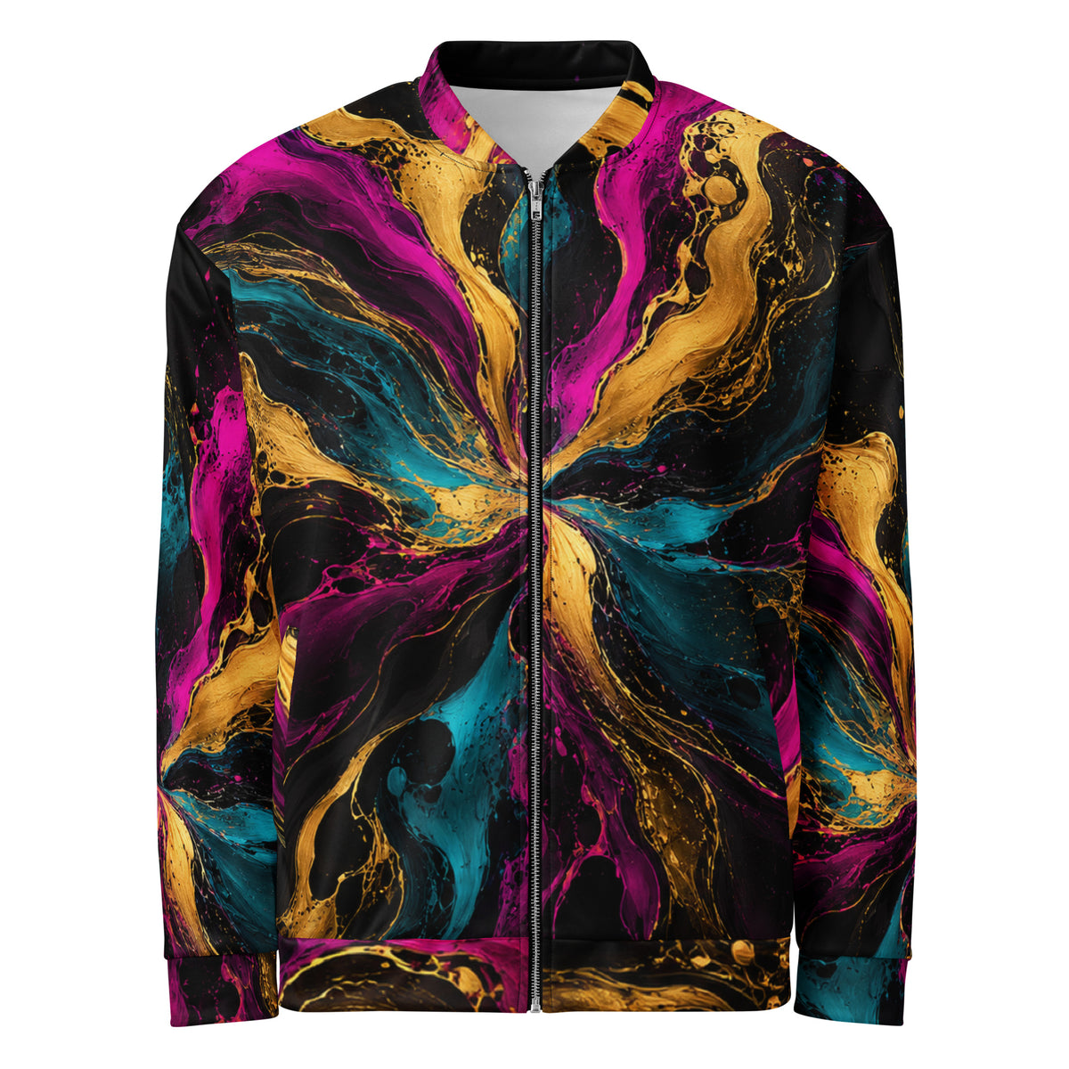 Chromatic Vortex unisex bomber jacket, front view – magenta, turquoise and golden-yellow swirl print